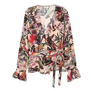 NEW H&M Frilled Ruffle Trim Wrap Tropical Floral Blouse! Size 2